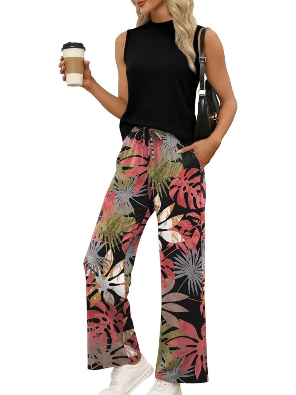 🆕Women Black Pink Leaf 2 Piece Set Summer Spring Outfits Mock Neck Wide Leg - Picture 2 of 4